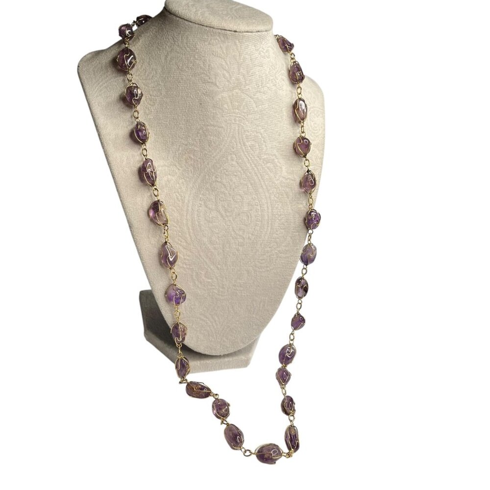 Purple Beaded Necklace With Gold Wire Wrap Long Layered Style Statement Jewelry